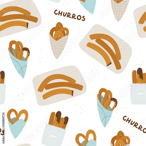 Seamless pattern with churros. Spanish traditional pastries. Endlessly repeating churros. Vector illustration for design.