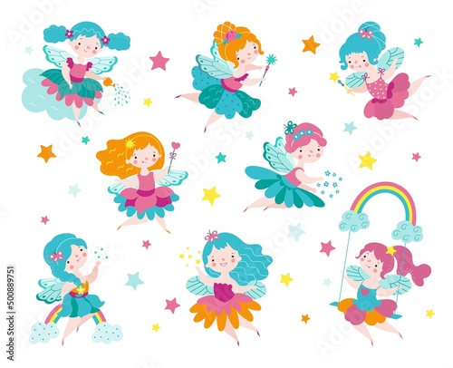 Cartoon fairy. Kids fairies in dress, sweet mythical and tales characters. Magic cute flying girls. Little princess with wings nowaday vector kit