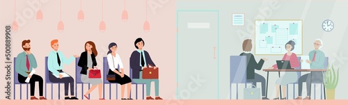 Job interview in office. Young man and interviewer, corporate recruitment. Business people waiting line, employees or candidate queue, decent vector scene