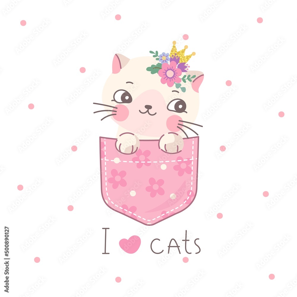Cute kitten in pocket. Kawaii cat print, kid sweet pet for t-shirt. Art girl animal decor, funny decorative sticker with cartoon nowaday vector character Cute kitten in pocket. Kawaii cat print, kid sweet pet for t-shirt. Art girl animal decor, funny decorative sticker with cartoon nowaday vector character