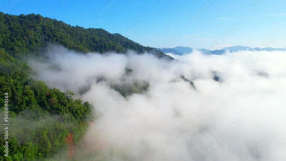 An aerial view from a drone flying over the many fogs in the mountains. Tropical forest with smoke and fog. green energy from nature. Khao sok National Park, Surat Thani, Thailand. 4K
An aerial view from a drone flying over the many fogs in the mountains. Tropical forest with smoke and fog. green energy from nature. Khao sok National Park, Surat Thani, Thailand. 4K
