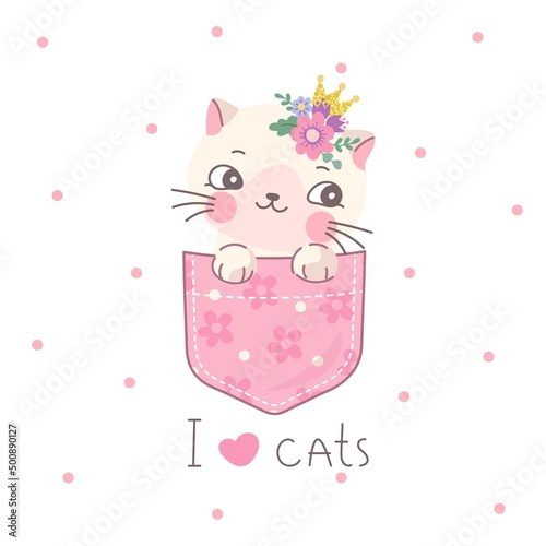 Cute kitten in pocket. Kawaii cat print, kid sweet pet for t-shirt. Art girl animal decor, funny decorative sticker with cartoon nowaday vector character