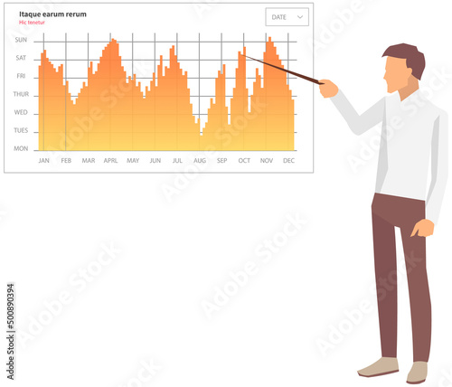 Analytics information and development statistics. Web analysis measure, product testing technology. Man analyses dashboard seo optimization, digital report. Statistical indicators and data on diagram