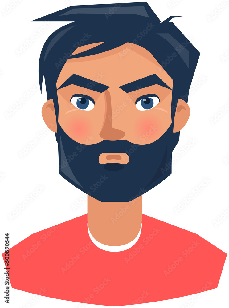 Negative human frowning face upset adult man. Person with emotion of indignation isolated on white background. Displeased face of bearded male character. Expressing human emotion, discontent
