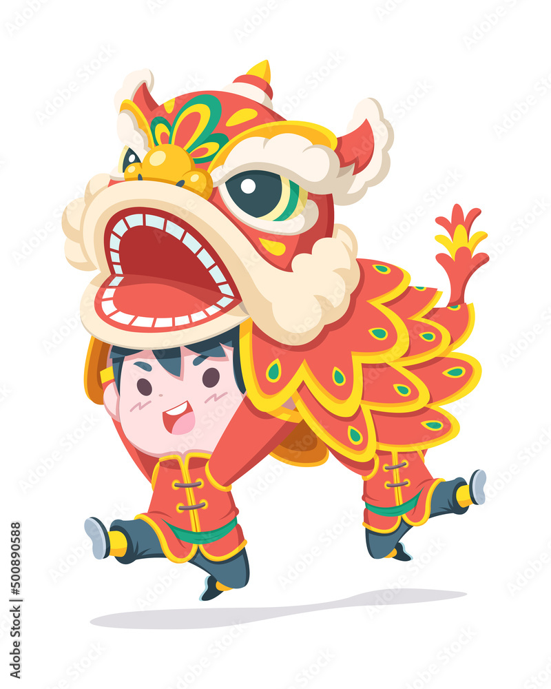 Obraz premium Cute style boys performing traditional Chinese lion dance cartoon illustration