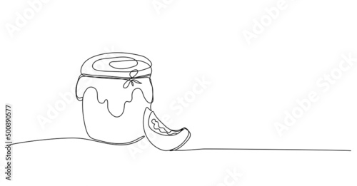 Continuous one line drawing of jar of pumpkin jam.Traditional Thanksgiving food minimalist linear design isolated on white background. Trendy vector illustration