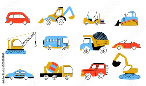 Kids style construction transport. Funny transportation children vehicle. Digger and truck, doodle tractor excavator. Funny childish nowaday vector stickers