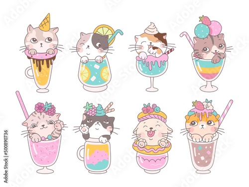 Kitten summer cocktails. Cartoon cat drink, cute fresh cocktail and shakes with little kittens. Animal in glass with fruits, kawaii pet nowaday vector set