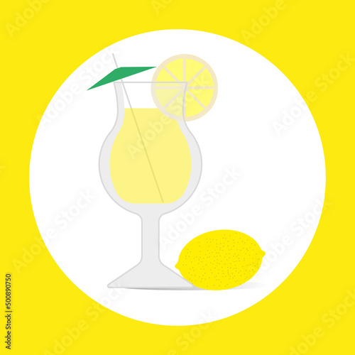 Bright poster with juice in glass, lemon slice and whole lemon in yellow, refreshing drinks, summer theme