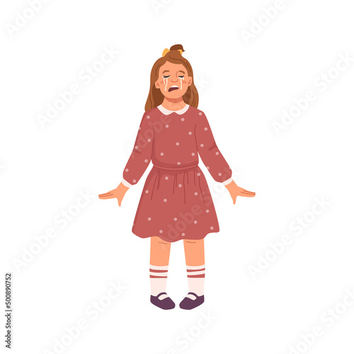 Little girl in tears, isolated small kid expressing sadness. Vector flat cartoon character, unhappy female personage. Upset or offended kiddo, negative emotions and sadness of young lady