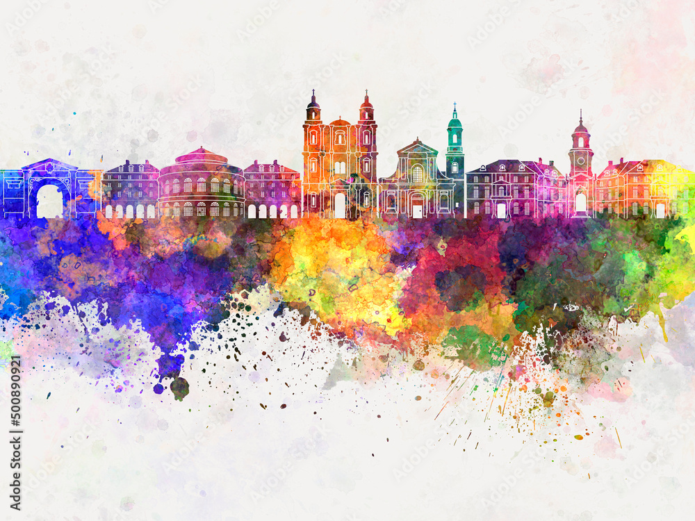 Rennes skyline in watercolor background