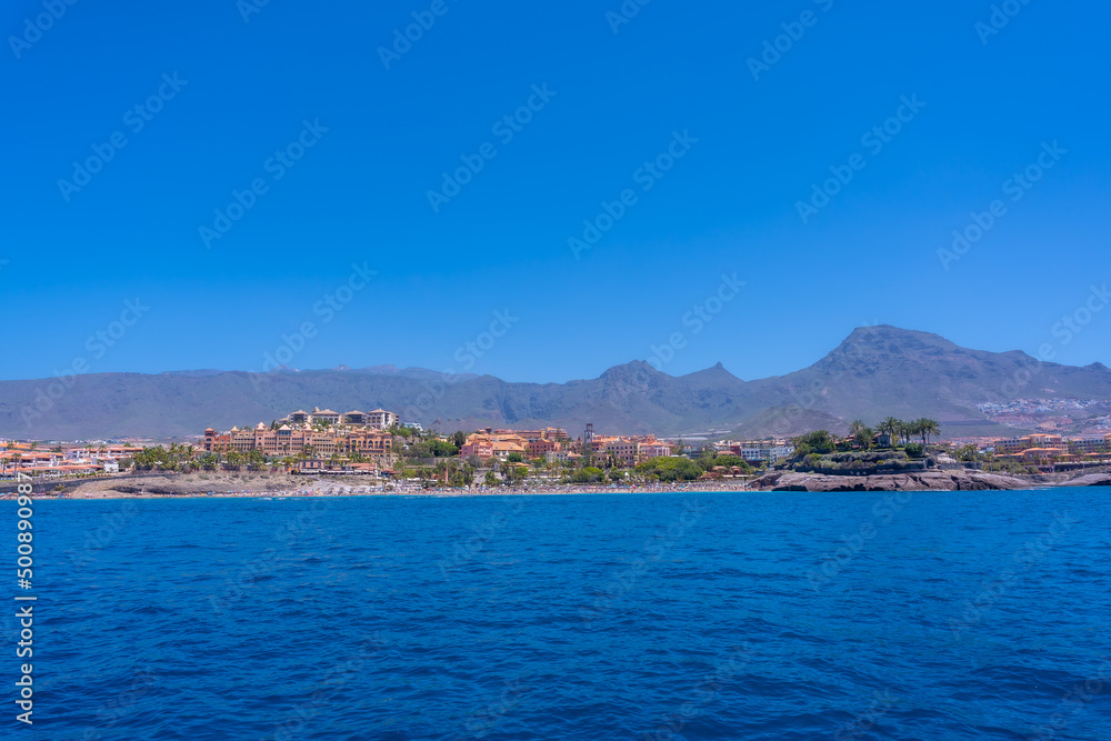 Panoramic view of the Costa de Adeje from a boat in the south of Tenerife, Canary Islands