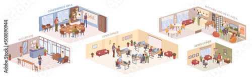 Rooms and zones of CEO office, interior plan 3D area. Vector working and leisure space for employees. Conference hall and reception with waiting space for clients. Kitchen and lounge for rest