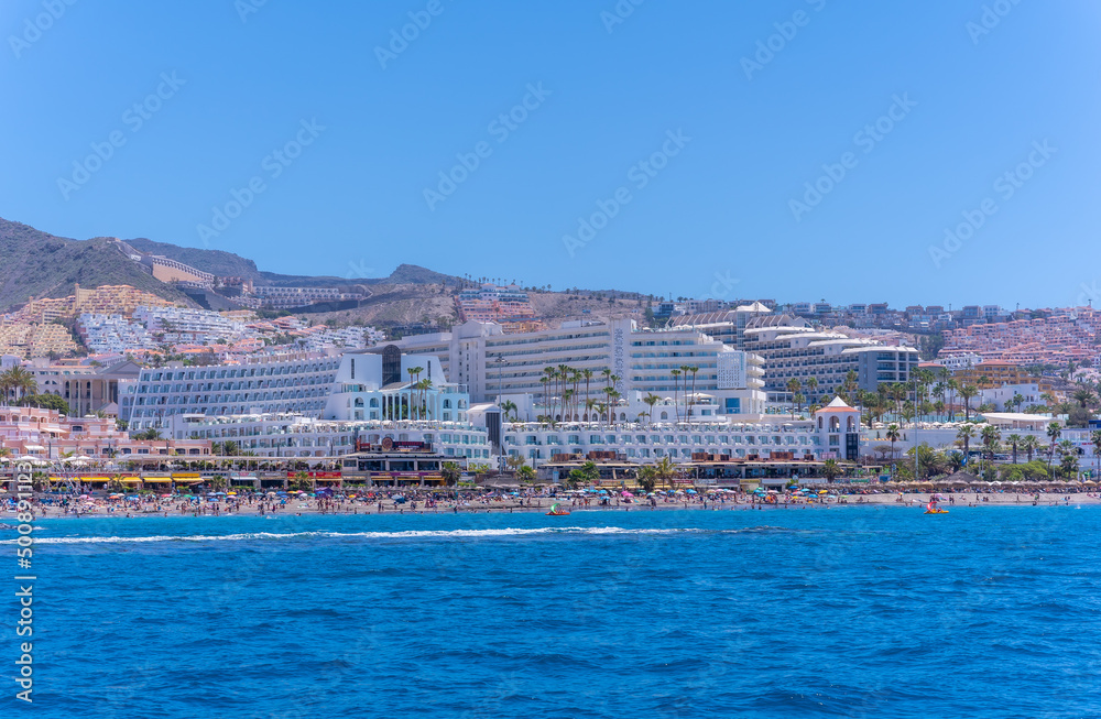 Hotels on the Costa de Adeje from a boat in the south of Tenerife, Canary Islands
