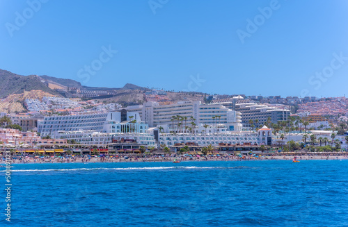 Hotels on the Costa de Adeje from a boat in the south of Tenerife  Canary Islands