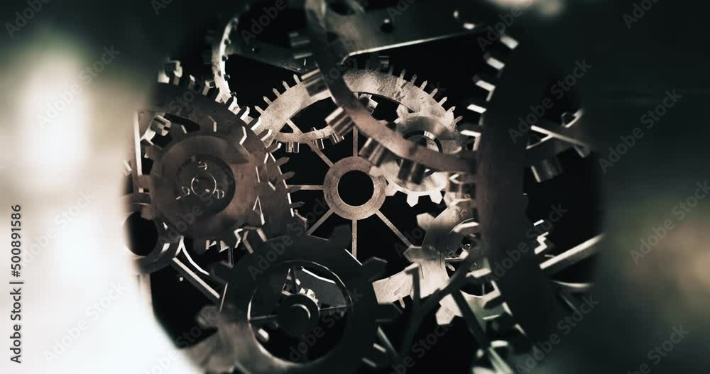 Rusty Old Rotating Machine Gears. Flying Inside Of Gears. Perfect Loop. Industry And Teamwork Related 3D Animation.