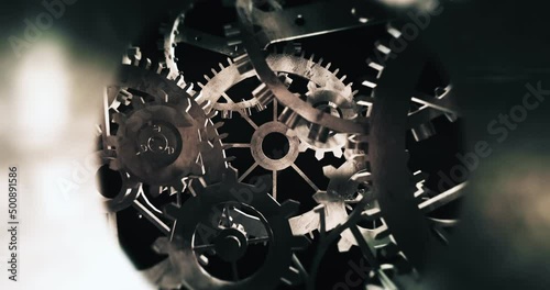 Rusty Old Rotating Machine Gears. Flying Inside Of Gears. Perfect Loop. Industry And Teamwork Related 3D Animation.