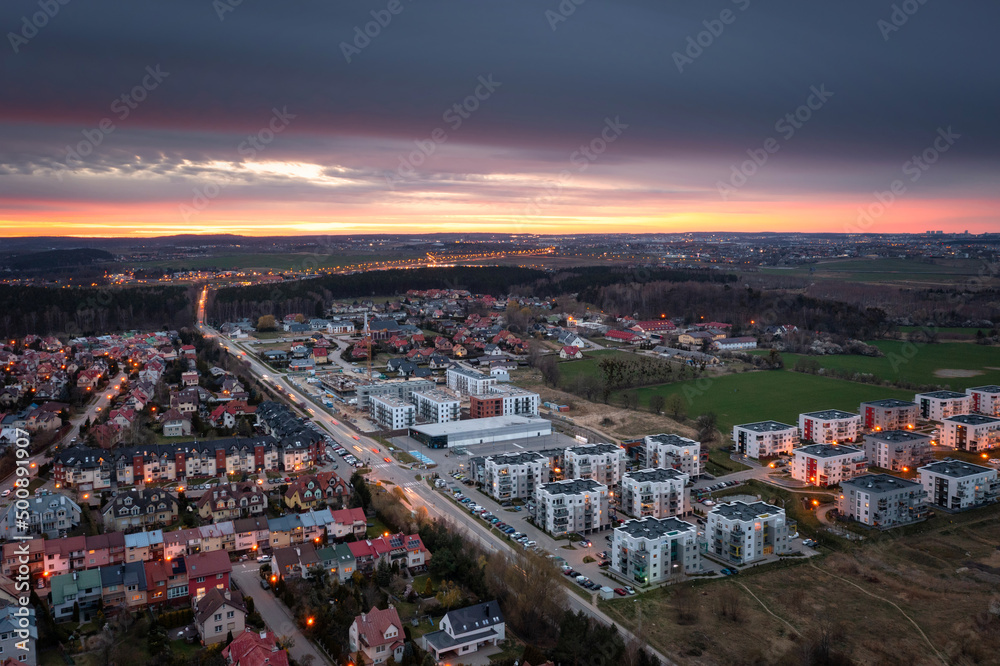 Aerial landscape of the Rotmanka village at sunset. Poland