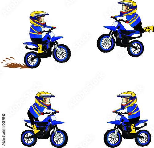 illustration of a Cartoon mascot a friendly character riding a specific type of dirtbike Training  with helmet  goggles and gloves