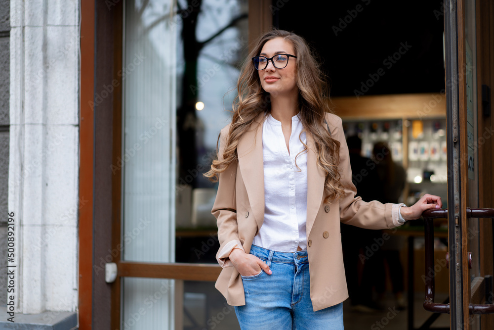 Business Woman Come Out Store Door Outside Business Woman Come Out Store Door Outside