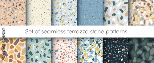 Vector Terrazzo flooring seamless patterns set. Abstract natural color italian textured stone surface, terrazzo concrete. Classic granite natural terrazzo floor. Interior design background collection