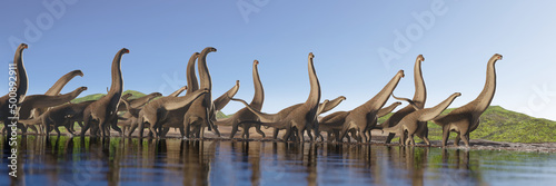 Fototapeta Alamosaurus, herd of Titanosaurus sauropod dinosaurs from the Cretaceous period