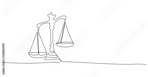 Continuous one line drawing of unbalanced scales of justice. Minimalist linear design isolated on white background. Trendy vector illustration