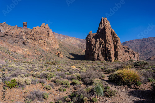 Volcanic mountain the Cathedral between the Roques de Gracia and the Roque Cinchado in the natural of Teide in Tenerife, Canary Islands