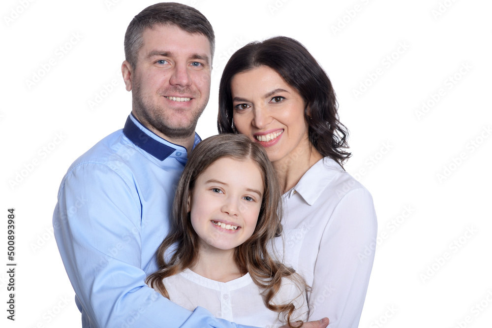 Happy family of three on white background Happy family of three on white background