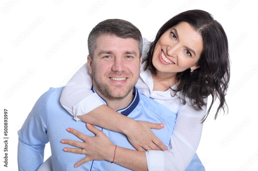 Portrait of happy beautiful woman and man on white background Portrait of happy beautiful woman and man on white background