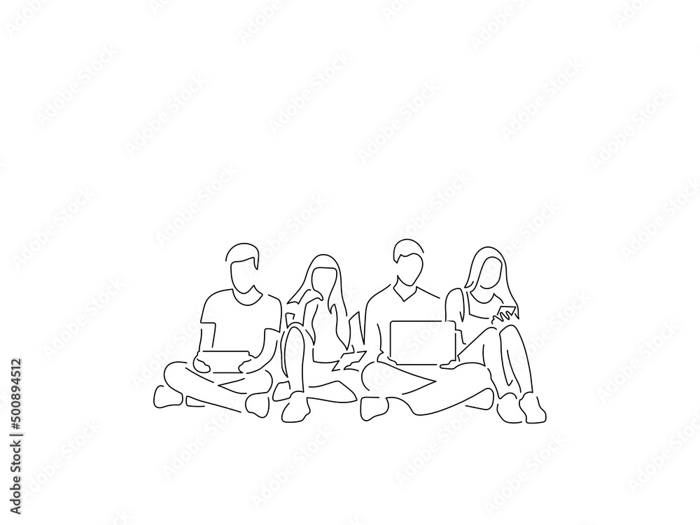 Group of friends in line art drawing style. Composition of people using technology. Black linear sketch isolated on white background. Vector illustration design. Group of friends in line art drawing style. Composition of people using technology. Black linear sketch isolated on white background. Vector illustration design.