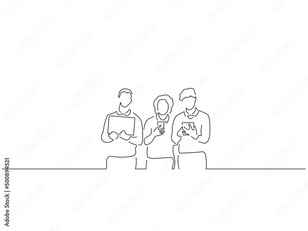 Group of friends in line art drawing style. Composition of people using technology. Black linear sketch isolated on white background. Vector illustration design.