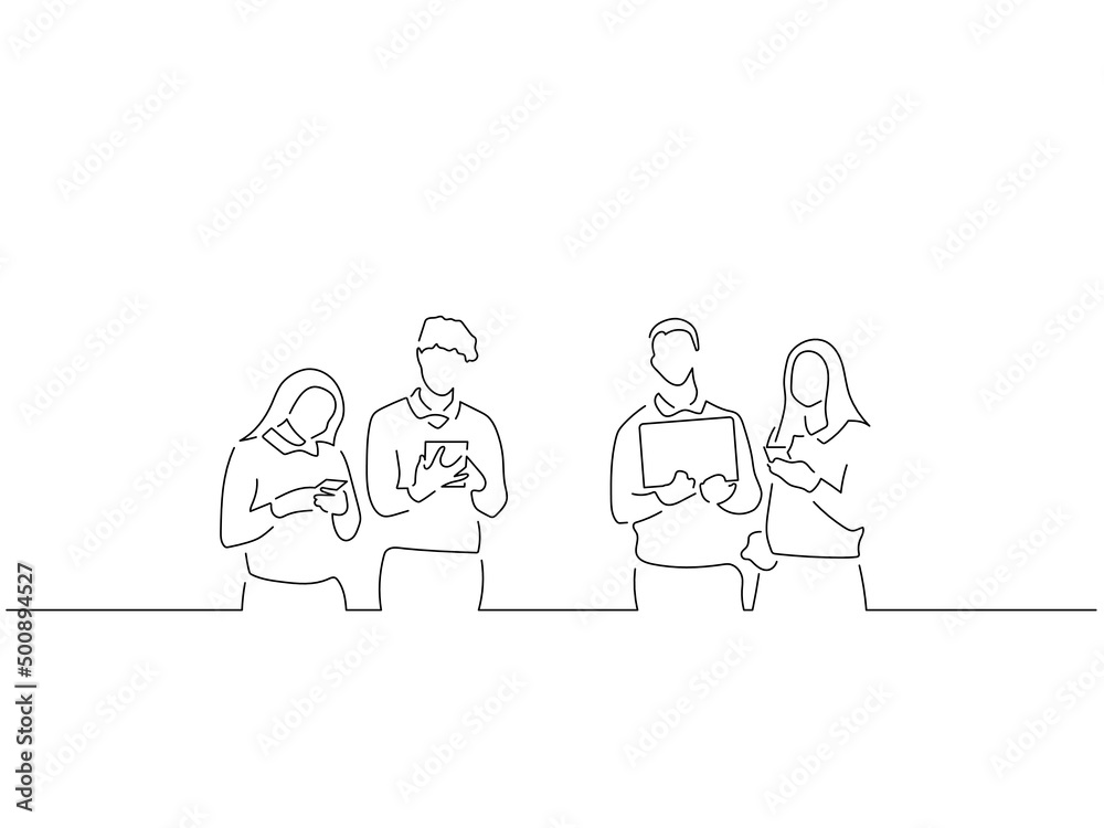 Group of friends in line art drawing style. Composition of people using technology. Black linear sketch isolated on white background. Vector illustration design. Group of friends in line art drawing style. Composition of people using technology. Black linear sketch isolated on white background. Vector illustration design.