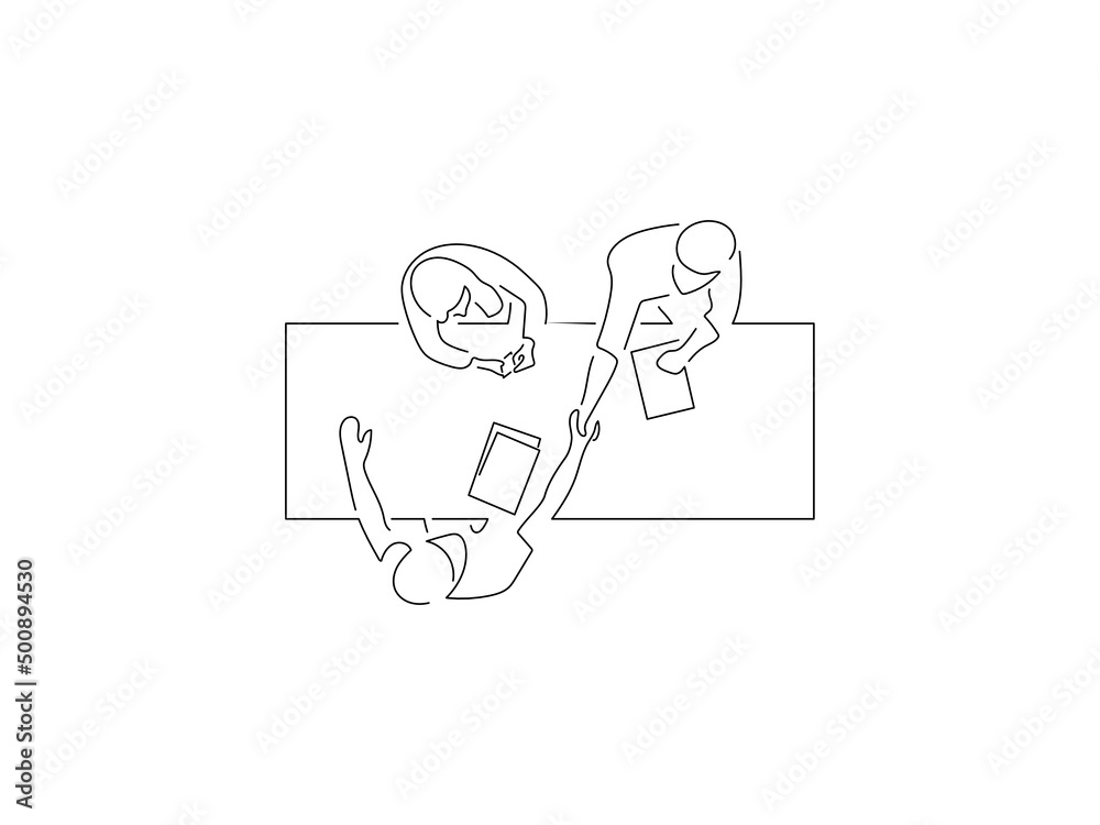 Teamwork in line art drawing style. Composition of a group of people using technology. Black linear sketch isolated on white background. Vector illustration design.