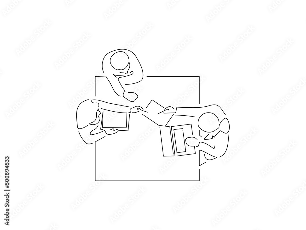 Teamwork in line art drawing style. Composition of a group of people using technology. Black linear sketch isolated on white background. Vector illustration design.