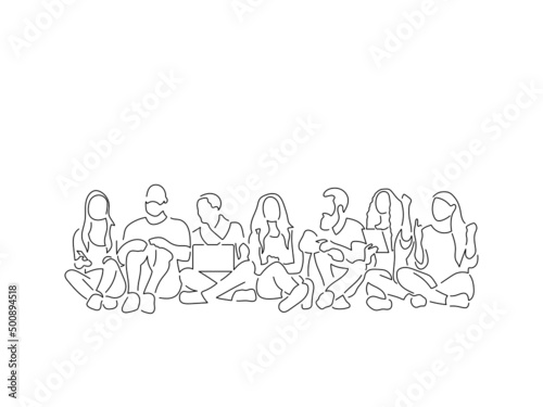 Group of friends in line art drawing style. Composition of people using technology. Black linear sketch isolated on white background. Vector illustration design.