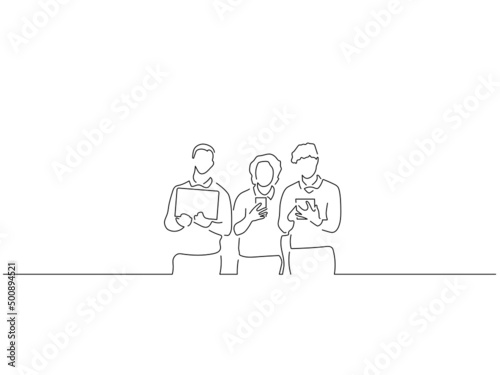 Group of friends in line art drawing style. Composition of people using technology. Black linear sketch isolated on white background. Vector illustration design.