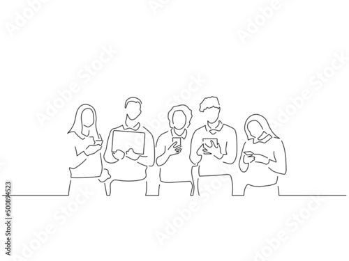 Group of friends in line art drawing style. Composition of people using technology. Black linear sketch isolated on white background. Vector illustration design. © 1494