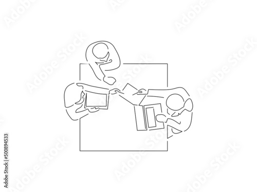 Teamwork in line art drawing style. Composition of a group of people using technology. Black linear sketch isolated on white background. Vector illustration design.