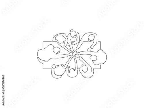 Teamwork in line art drawing style. Composition of a group of people using technology. Black linear sketch isolated on white background. Vector illustration design.