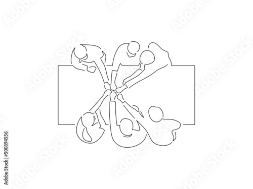 Teamwork in line art drawing style. Composition of a group of people using technology. Black linear sketch isolated on white background. Vector illustration design.