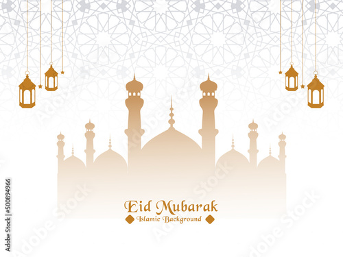 Realistic Muslim Eid mubarak festival greeting beautiful background with lanterns and mosque