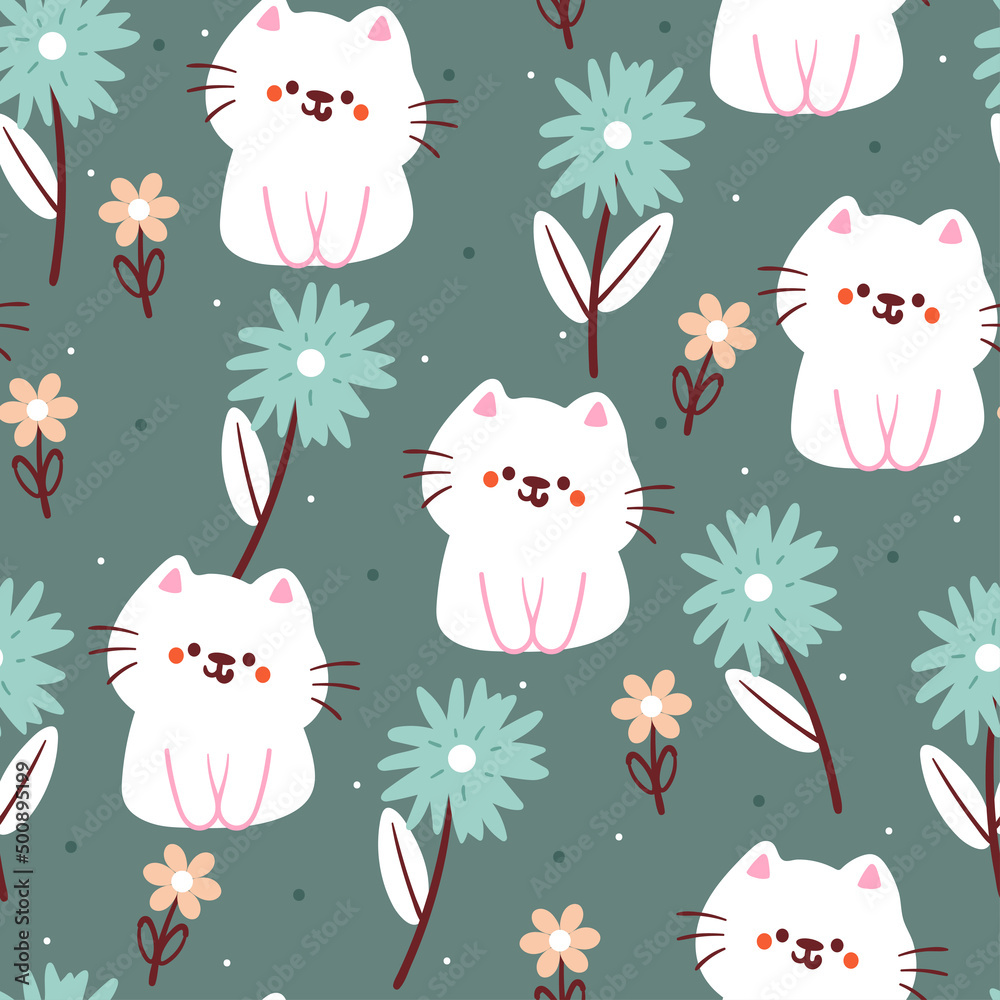 seamless pattern hand drawing cartoon cat and flower. animal drawing for fabric print, textile, gift wrap paper