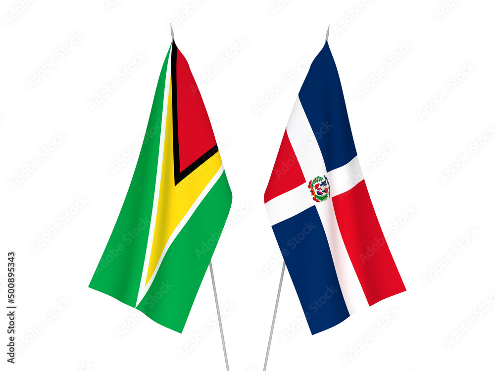 National fabric flags of Dominican Republic and Co-operative Republic of Guyana isolated on white background. 3d rendering illustration.