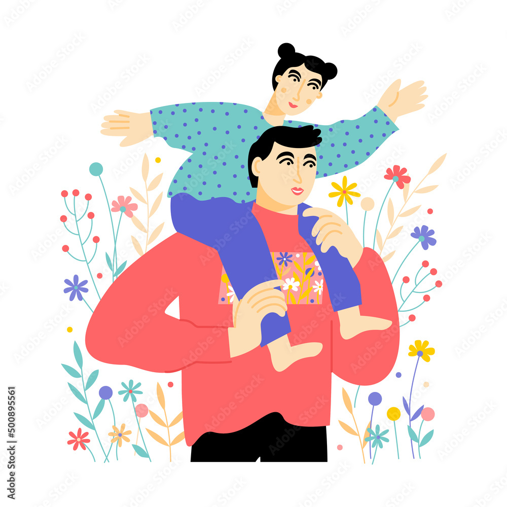 Father carrying his kid on neck. Portrait of a parent with his daughter. Vector flat illustration Father carrying his kid on neck. Portrait of a parent with his daughter. Vector flat illustration