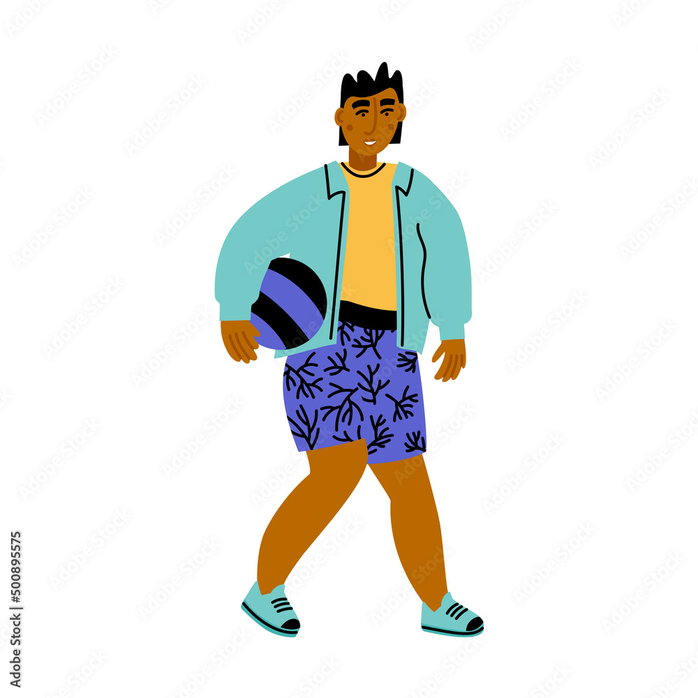 Black-skinned boy carrying a ball in his hand. African american kid in sport outfit on white background. Simple vector flat illustration Black-skinned boy carrying a ball in his hand. African american kid in sport outfit on white background. Simple vector flat illustration
