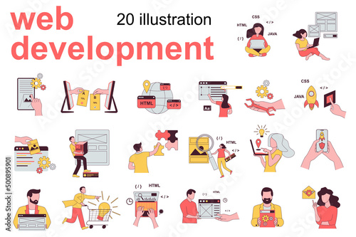 Web development concept with people scenes set in flat design. Men and women coding, optimization sites, create layout interface, analyzing data. Vector illustration visual stories collection for web