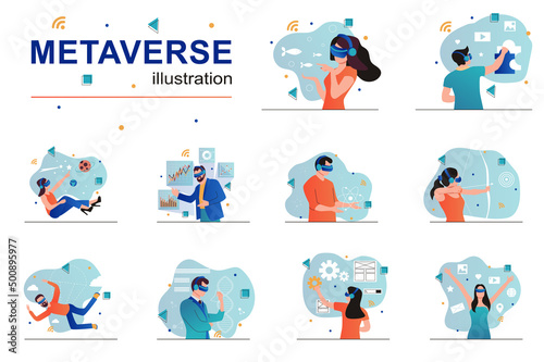 Metaverse concept with people scenes set in flat design. Men and women in VR headset using cyberspace for work, playing game, study and science. Vector illustration visual stories collection for web