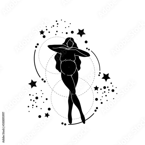 Trendy black line art composition with a pregnant woman body silhouette and celestial bodies. Vector magic woman  illustration for creating posters, postcard, tarot, books, covers.
