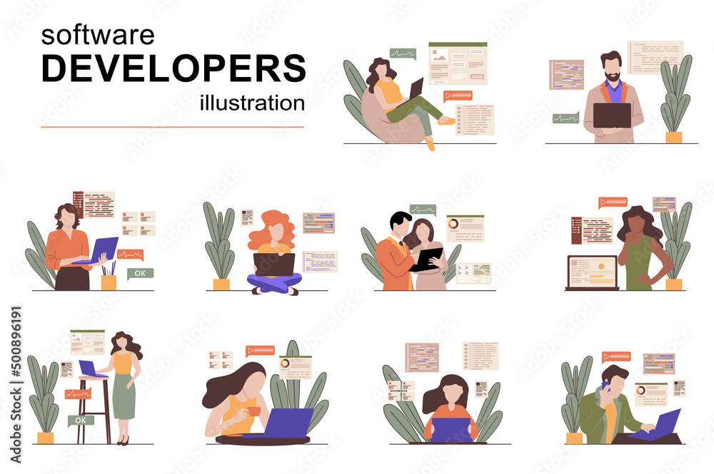 Software developers concept with people scenes set in flat design. Men and women creating programs and apps, coding, programming, testing product. Vector illustration visual stories collection for web Software developers concept with people scenes set in flat design. Men and women creating programs and apps, coding, programming, testing product. Vector illustration visual stories collection for web